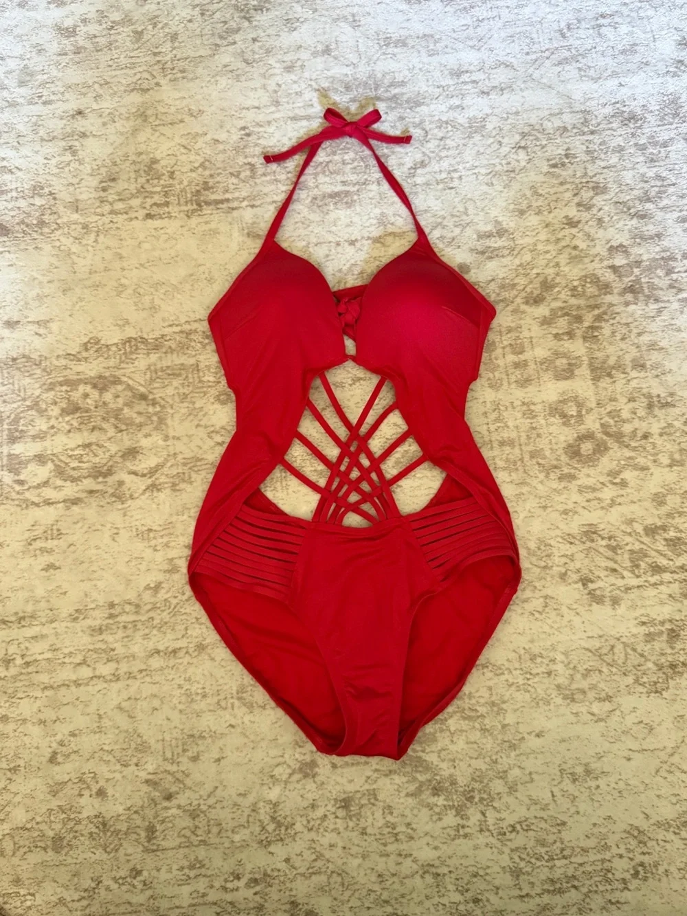 Kenneth Cole Women’s Strappy Cut-Out One Piece Halter Swimsuit M Red